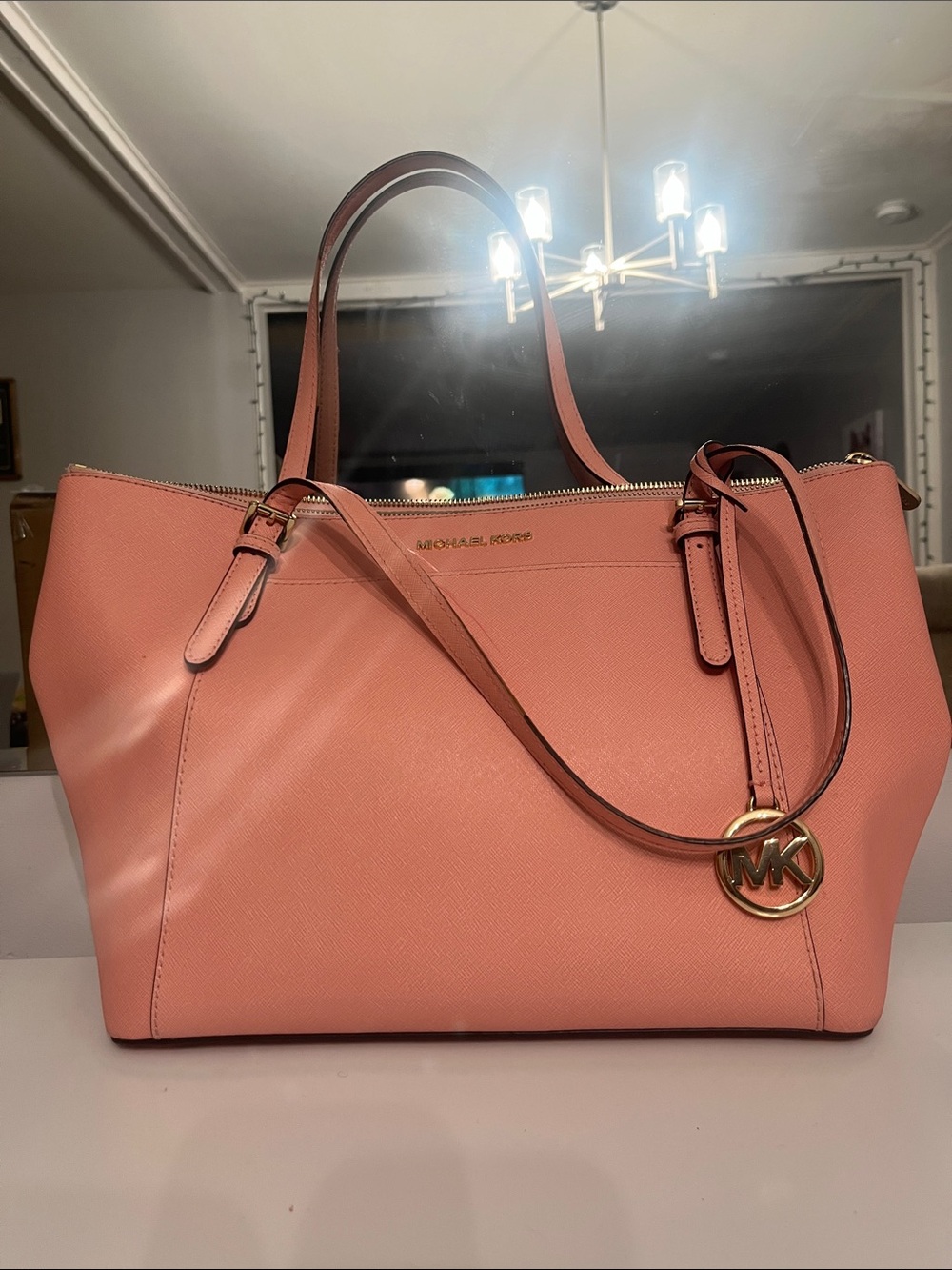 Michael Kors Coral Pink Saffiano Leather Tote with MK Charm